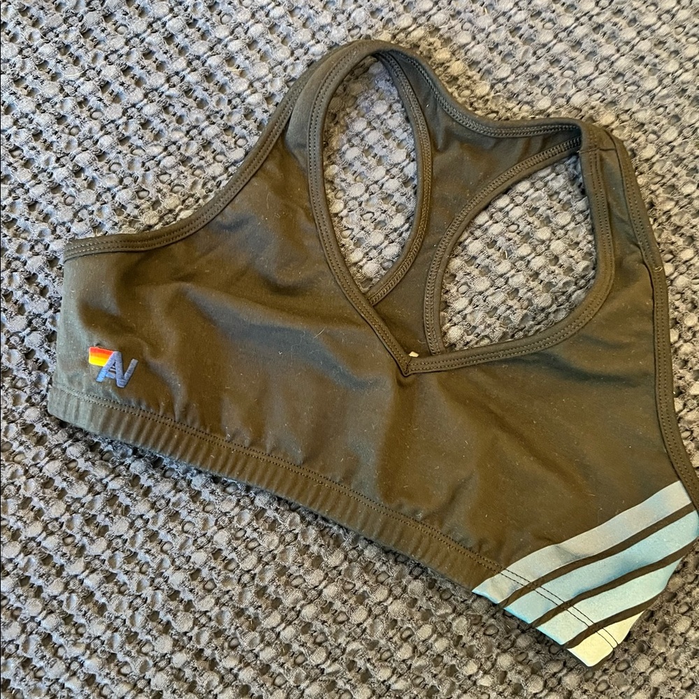 Aviator Nation V-CUT SPORTS BRA - BLACK // BLUE STRIPES size M